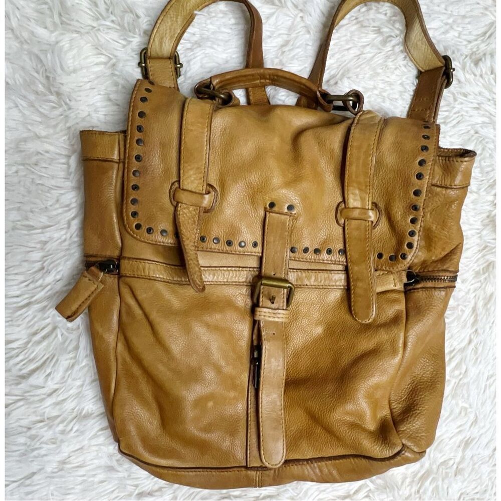 Sugar Boo Brown Soft Leather Studded Backpack Camel Boho
